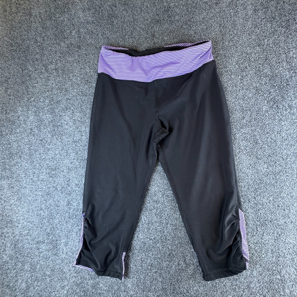 Danskin Now Capri Leggings Womens 24x16 Black Purple Stripe Fitted Ruched Hem